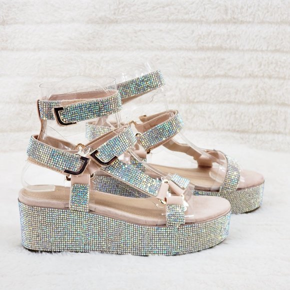 2" Sparkle Rhinestone harness strap Flatform Platform shoes Comfy - Picture 6 of 14